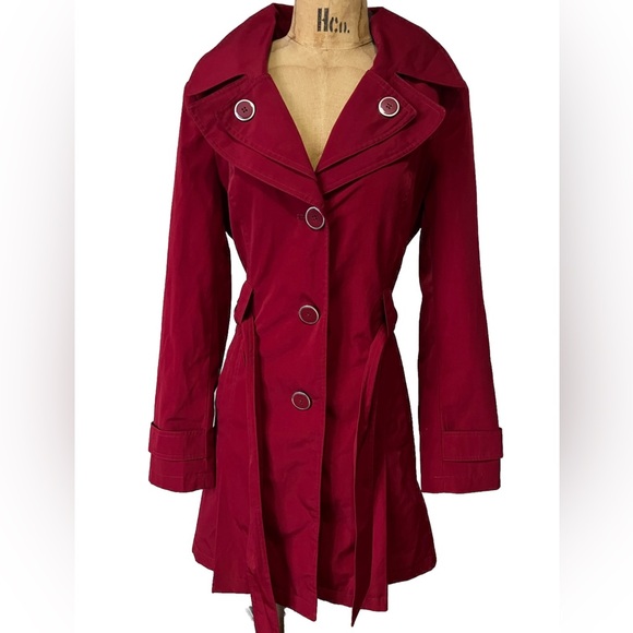 Avanti Belted Double Lapel Red Trench Coat M - Picture 4 of 11